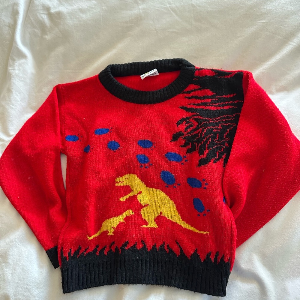 Kids Red Dinosaur Crewneck Sweater